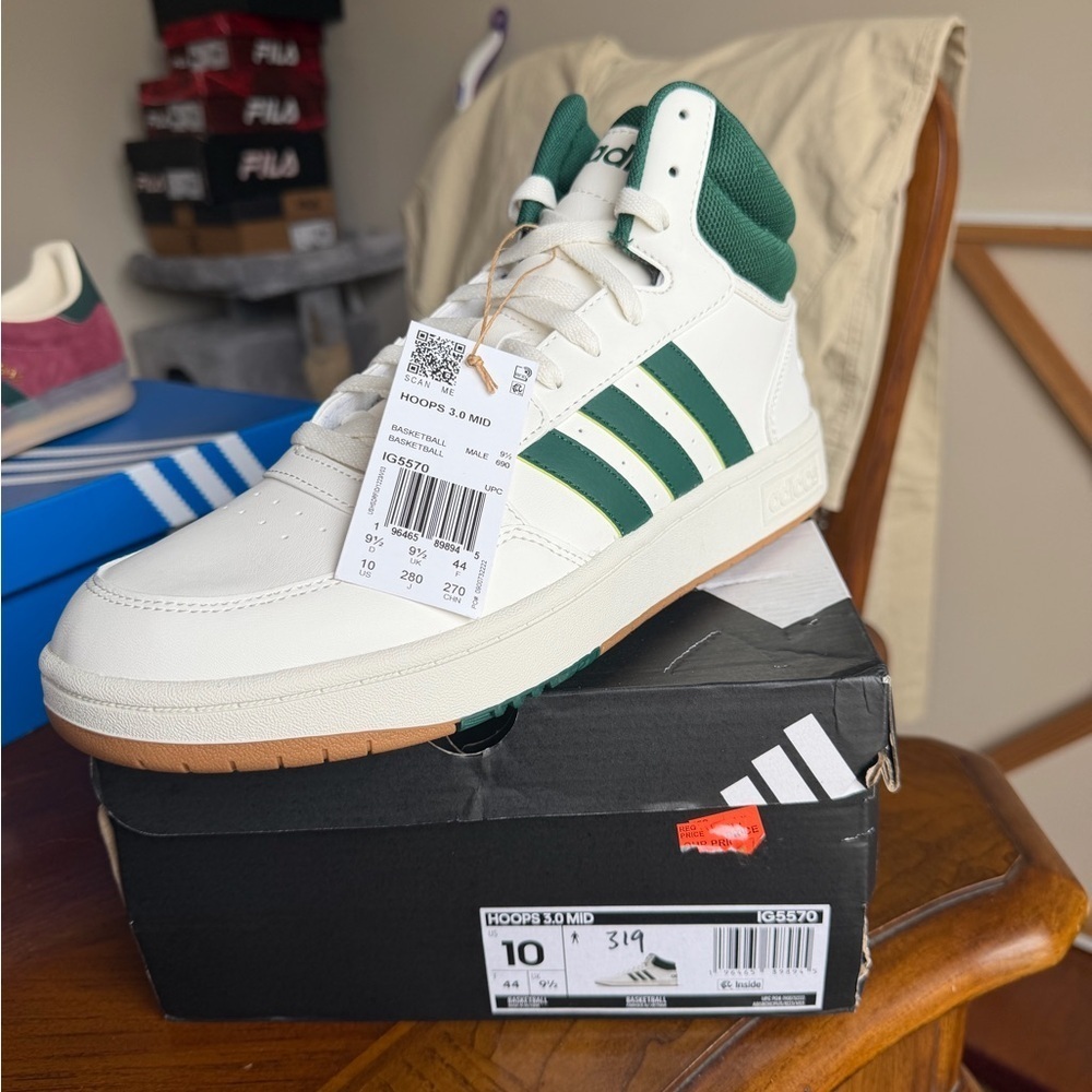New with Damaged Box Adidas Men's White and Green High-Top Sneakers Size 10 - Picture 9 of 13